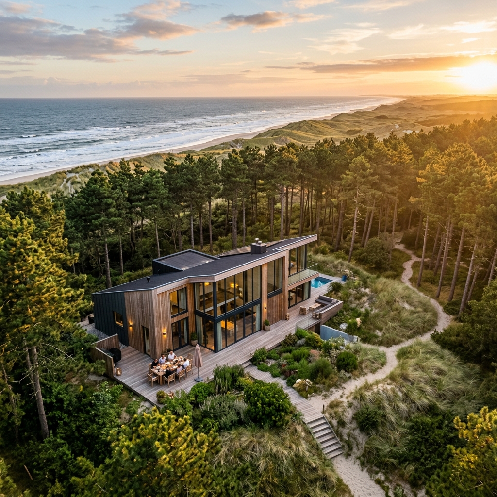 Duinvilla Bergen — aerial view of the luxury holiday home surrounded by dunes and pine forest near the North Sea