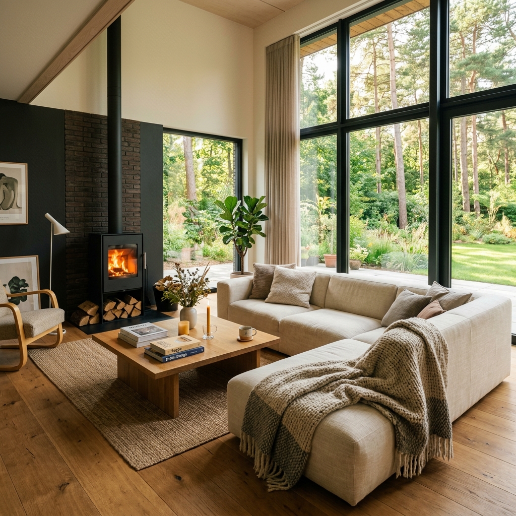 Bright and airy living room with fireplace and garden views